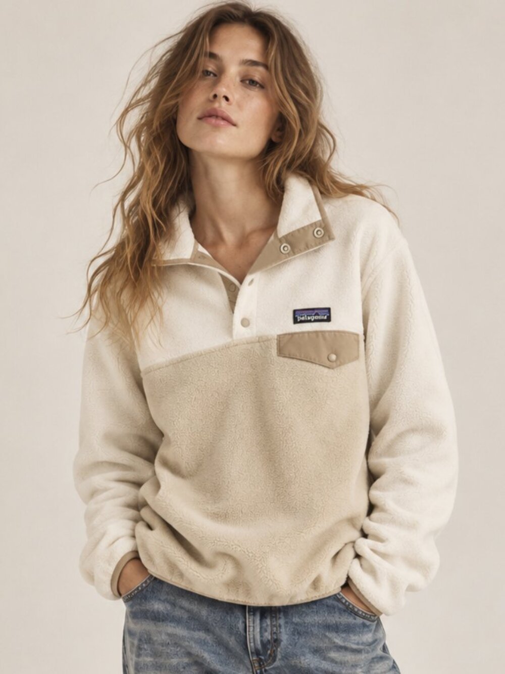 Patagonia Lightweight Synchilla Snap-T Fleece Pullover Sweater Cream Beige L